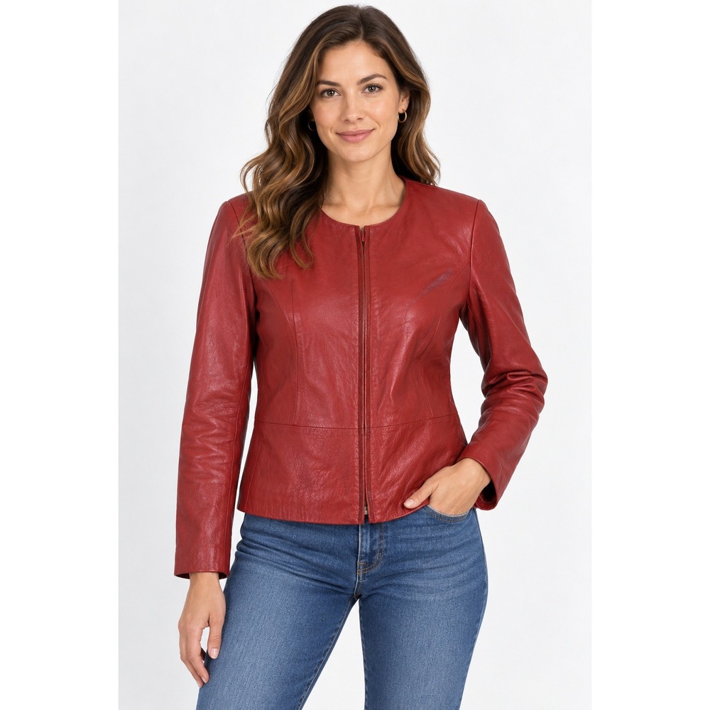 Yvonne Marie Red Lamb Leather Jacket Womens 12 Collarless Zip Front Vintage